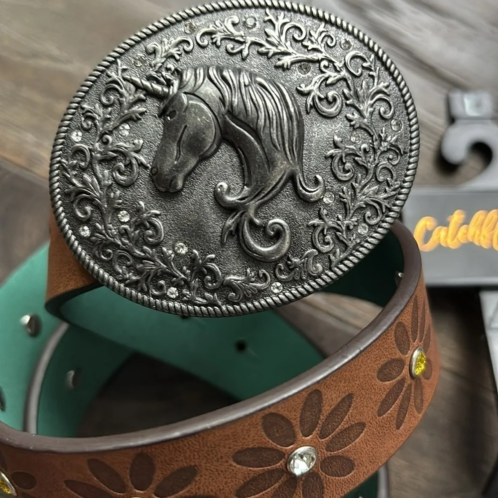 Catchfly Western Belt,Antique silver tone,Unicorn buckle,floral,rhinestones